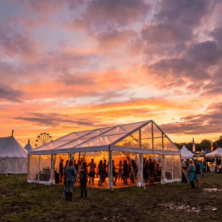 People dance inside a lit tipi called THE LUMINARY TENT under a vibrant sunset sky.